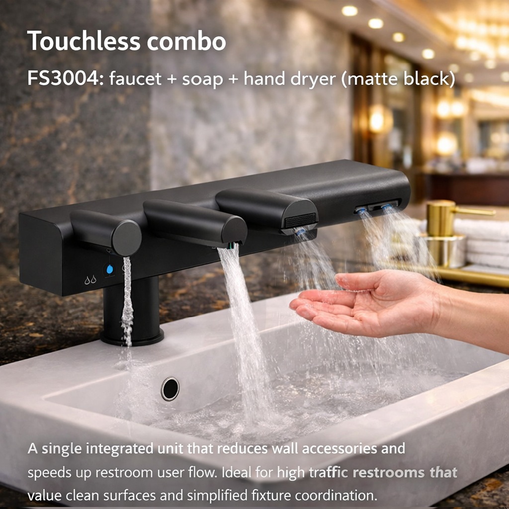 FS3004 matte black touchless integrated unit with faucet, soap dispenser, and hand dryer for commercial restrooms